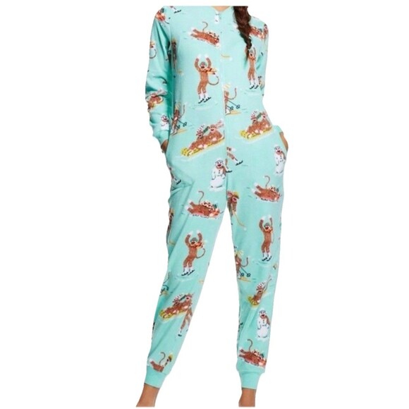 Nick & Nora Size XL One Piece Down Hill Sock Monkeys Fuzzy Winter Sledding Snow - Picture 1 of 7